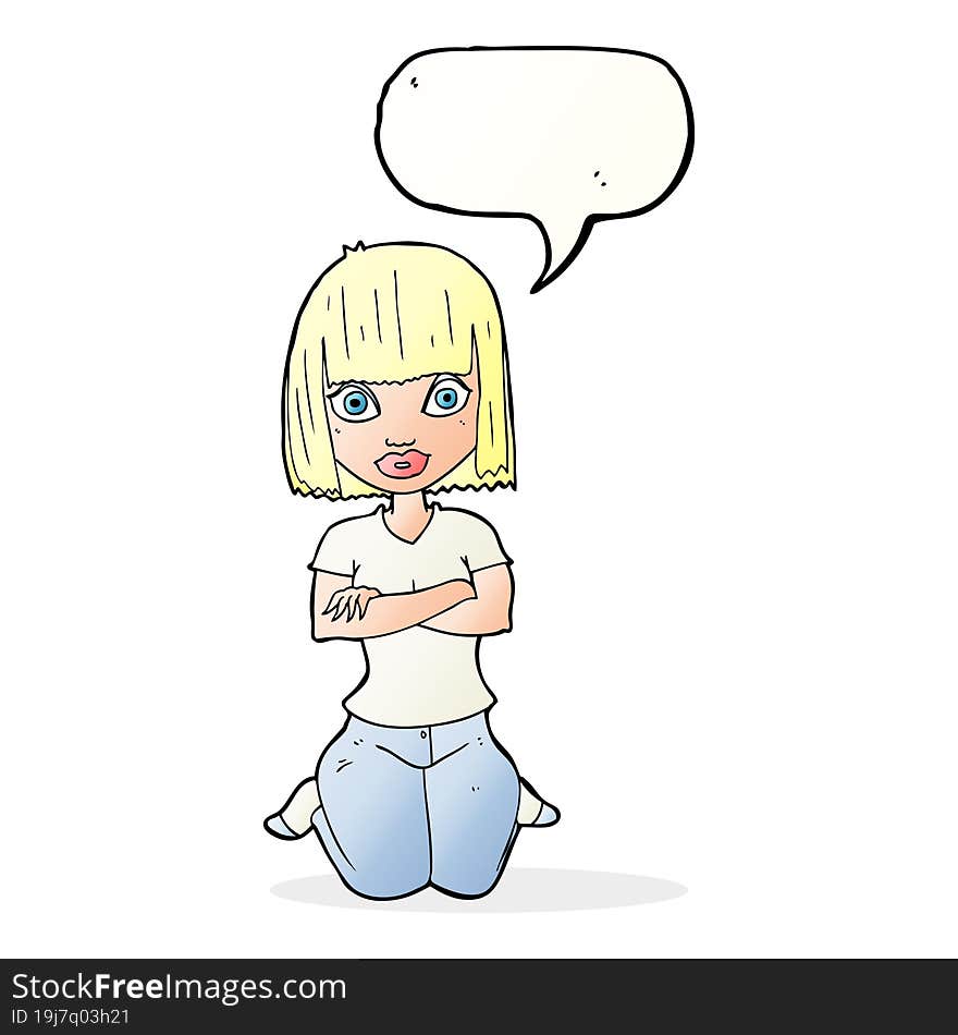 cartoon woman kneeling with speech bubble