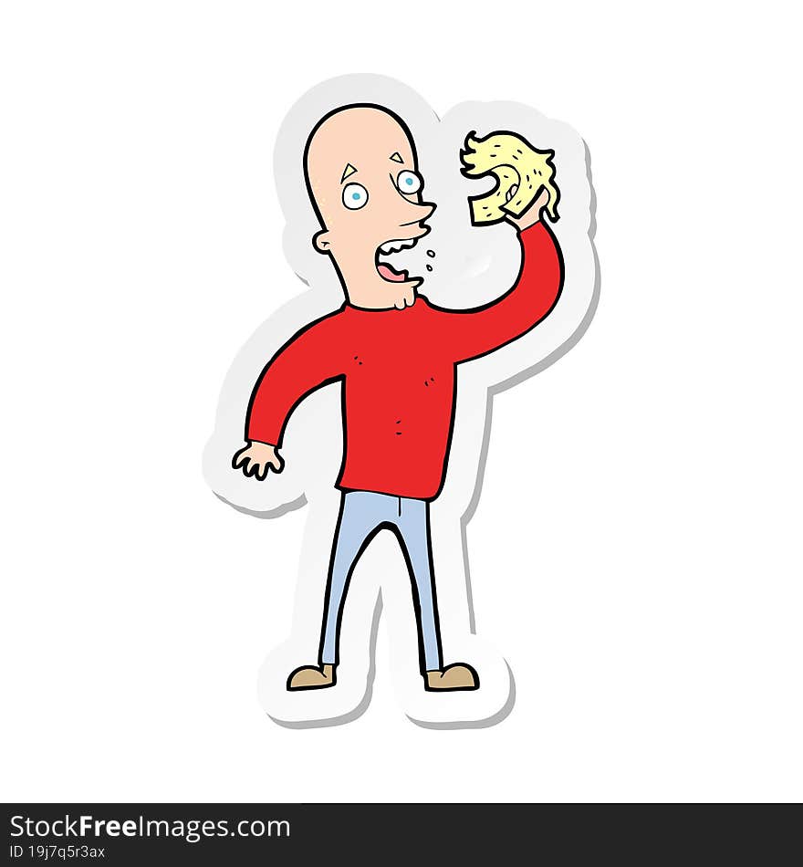 sticker of a cartoon bald man with wig