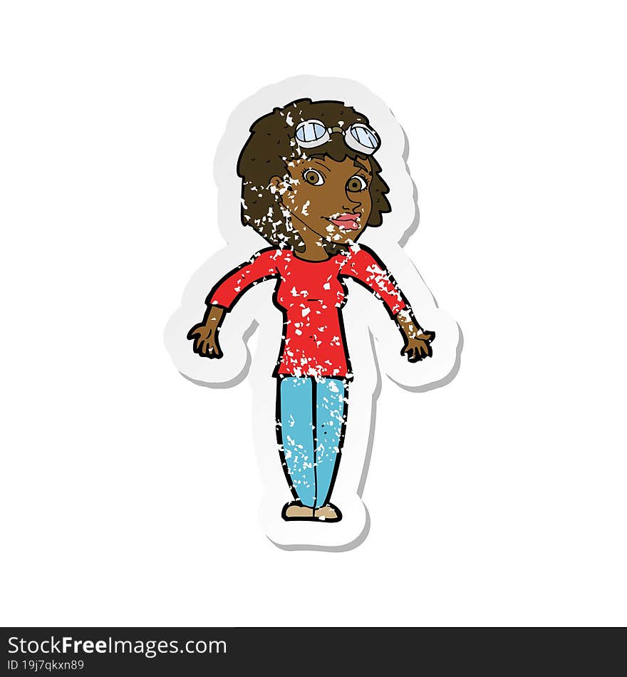 Retro Distressed Sticker Of A Cartoon Woman Wearing Goggles