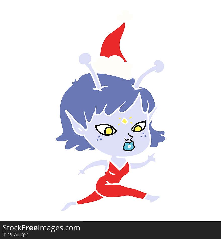 pretty flat color illustration of a alien girl running wearing santa hat