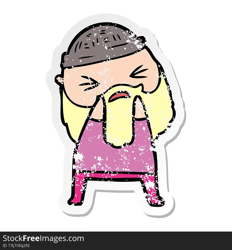 distressed sticker of a cartoon man with beard