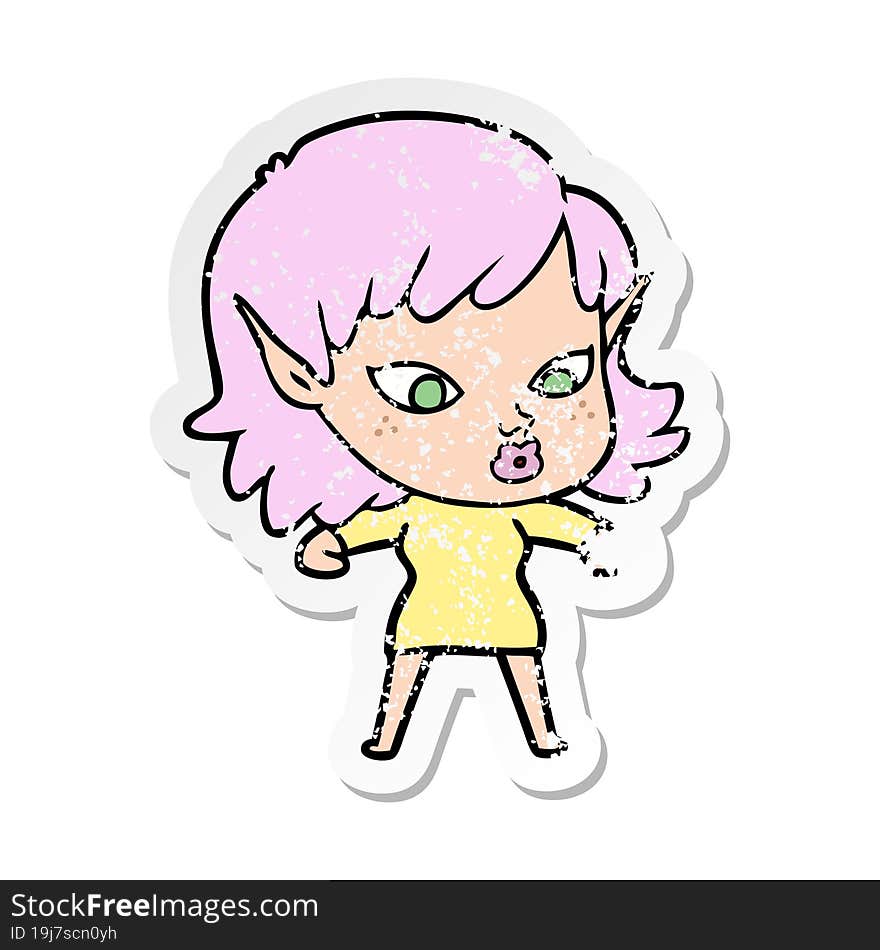 distressed sticker of a pretty cartoon elf girl