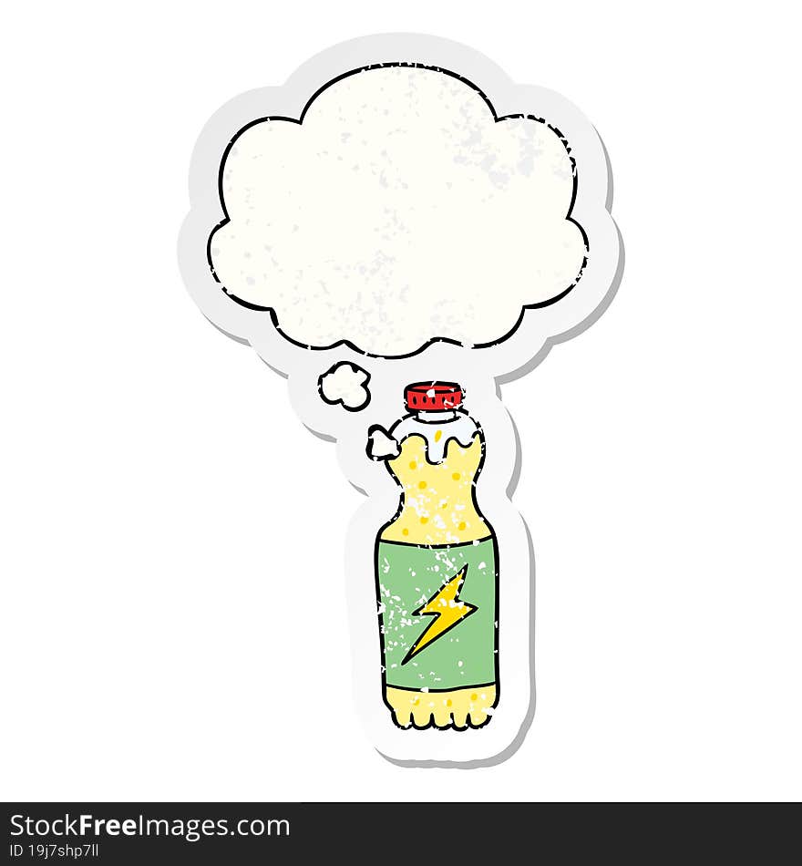 cartoon soda bottle and thought bubble as a distressed worn sticker