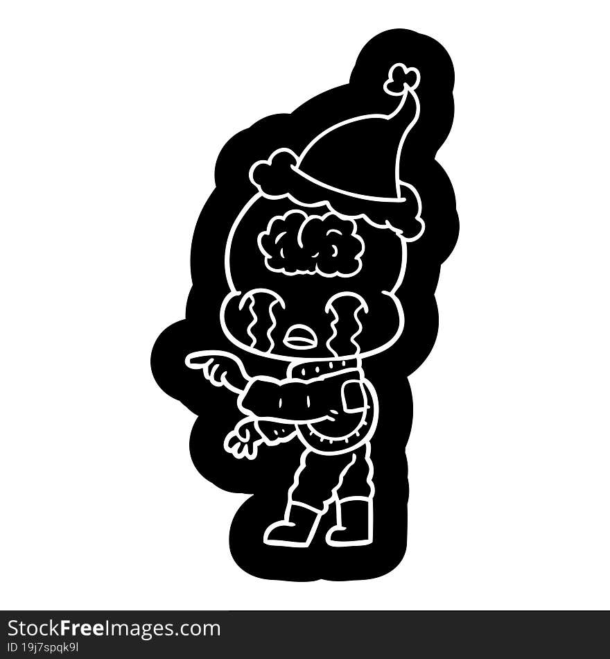 quirky cartoon icon of a big brain alien crying and pointing wearing santa hat