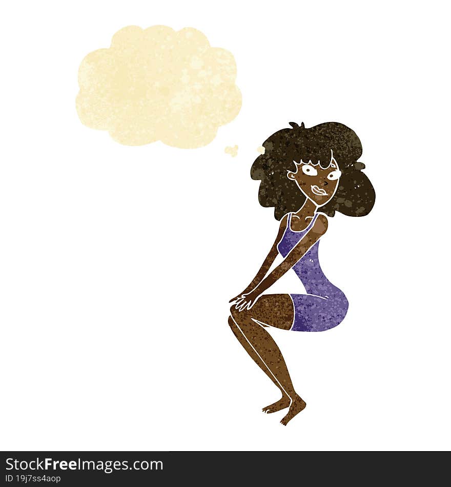 cartoon sitting woman in dress with thought bubble