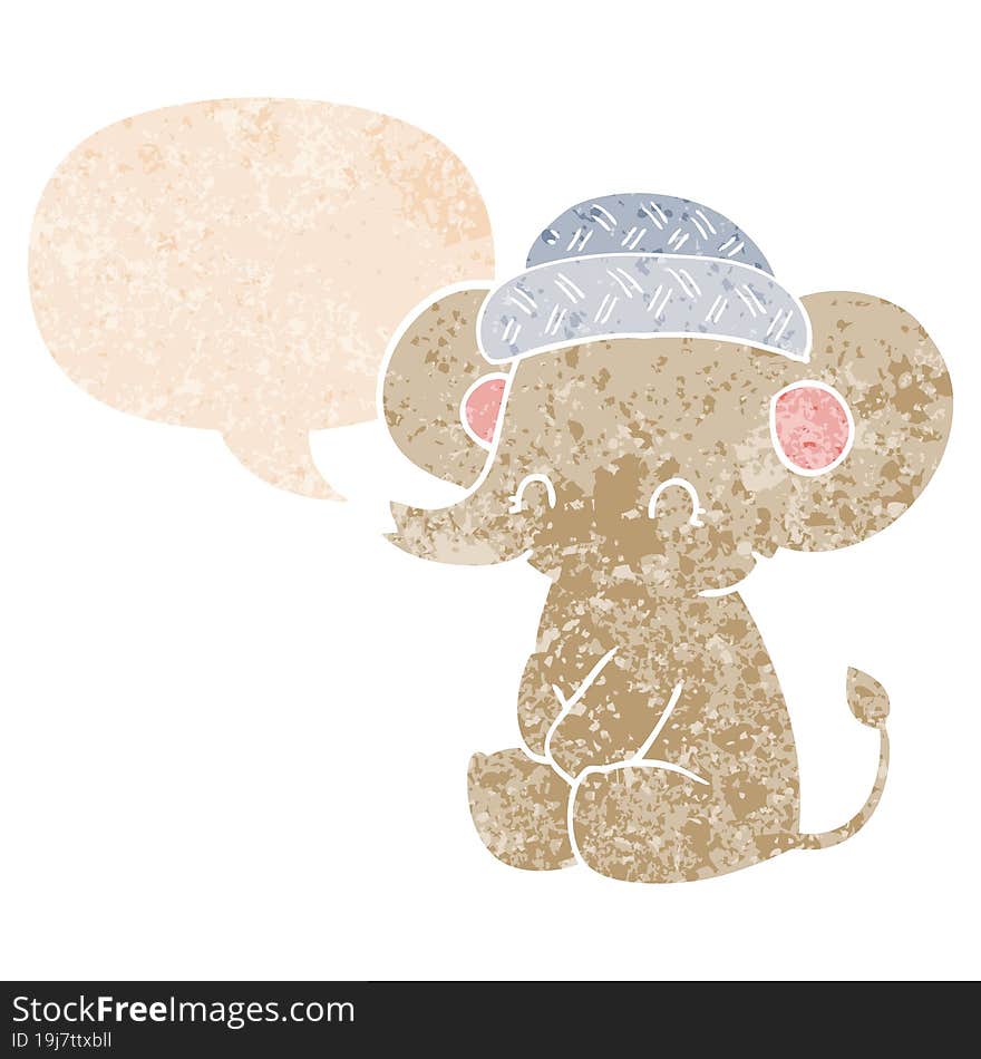 cartoon cute elephant and speech bubble in retro textured style