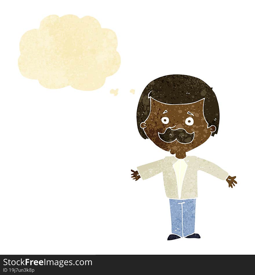 cartoon mustache man with open arms with thought bubble