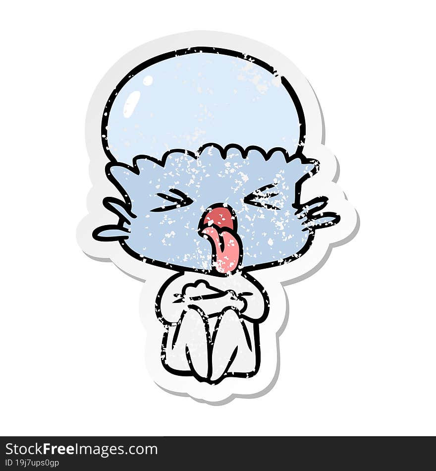 distressed sticker of a weird cartoon alien