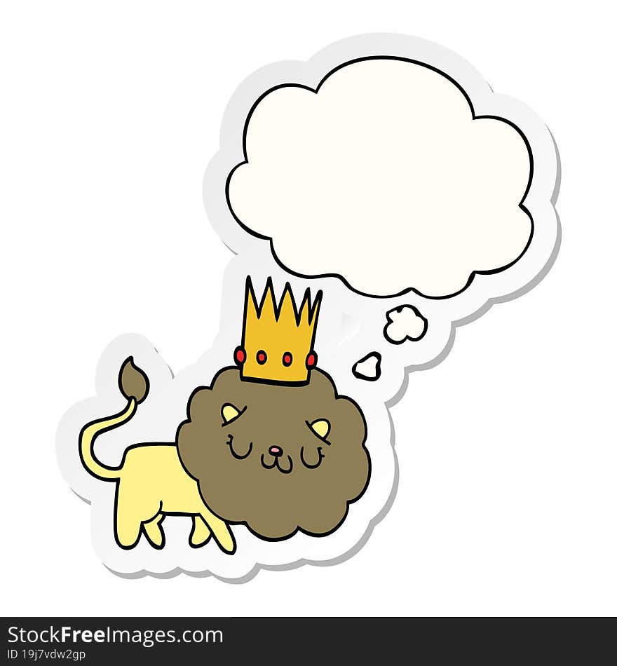 cartoon lion with crown and thought bubble as a printed sticker