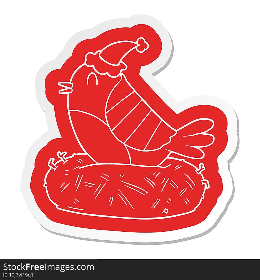 Cartoon  Sticker Of A Bird Sitting On Nest Wearing Santa Hat