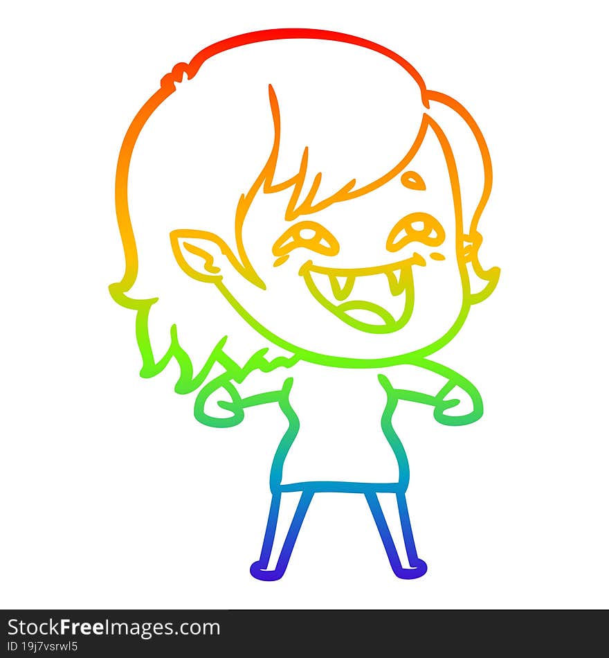 rainbow gradient line drawing of a cartoon laughing vampire girl