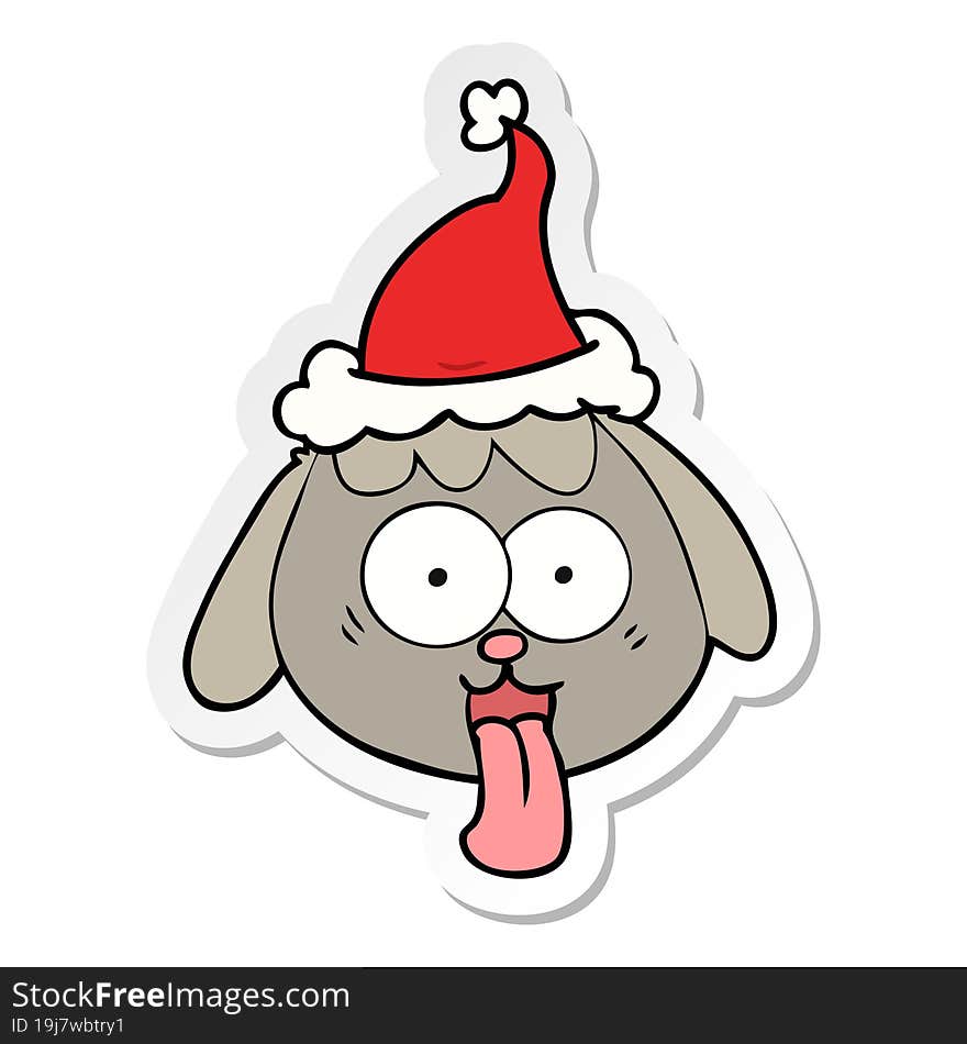 sticker cartoon of a dog face panting wearing santa hat