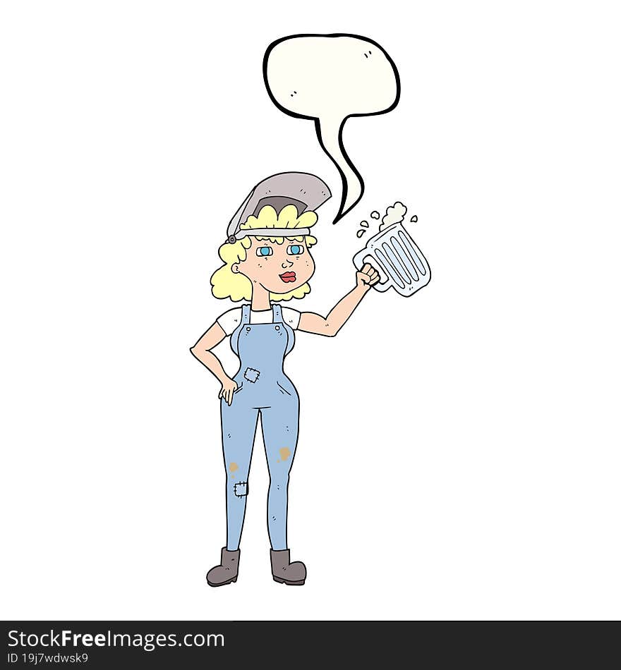 speech bubble cartoon hard working woman with beer