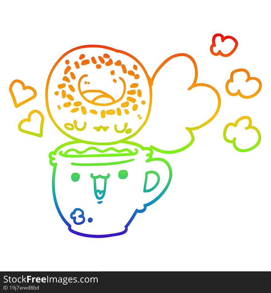 rainbow gradient line drawing of a cute cartoon donut and coffee