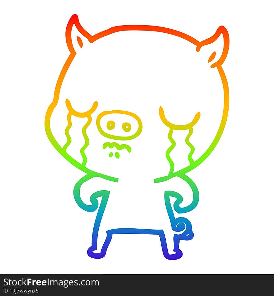 rainbow gradient line drawing of a cartoon pig crying