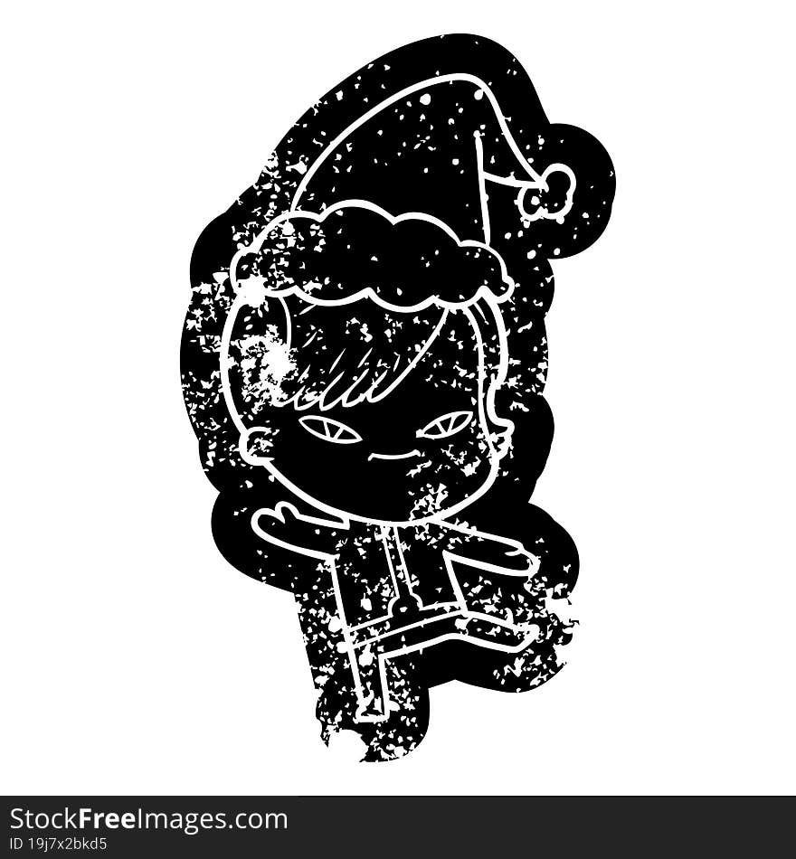 cute cartoon distressed icon of a girl with hipster haircut wearing santa hat