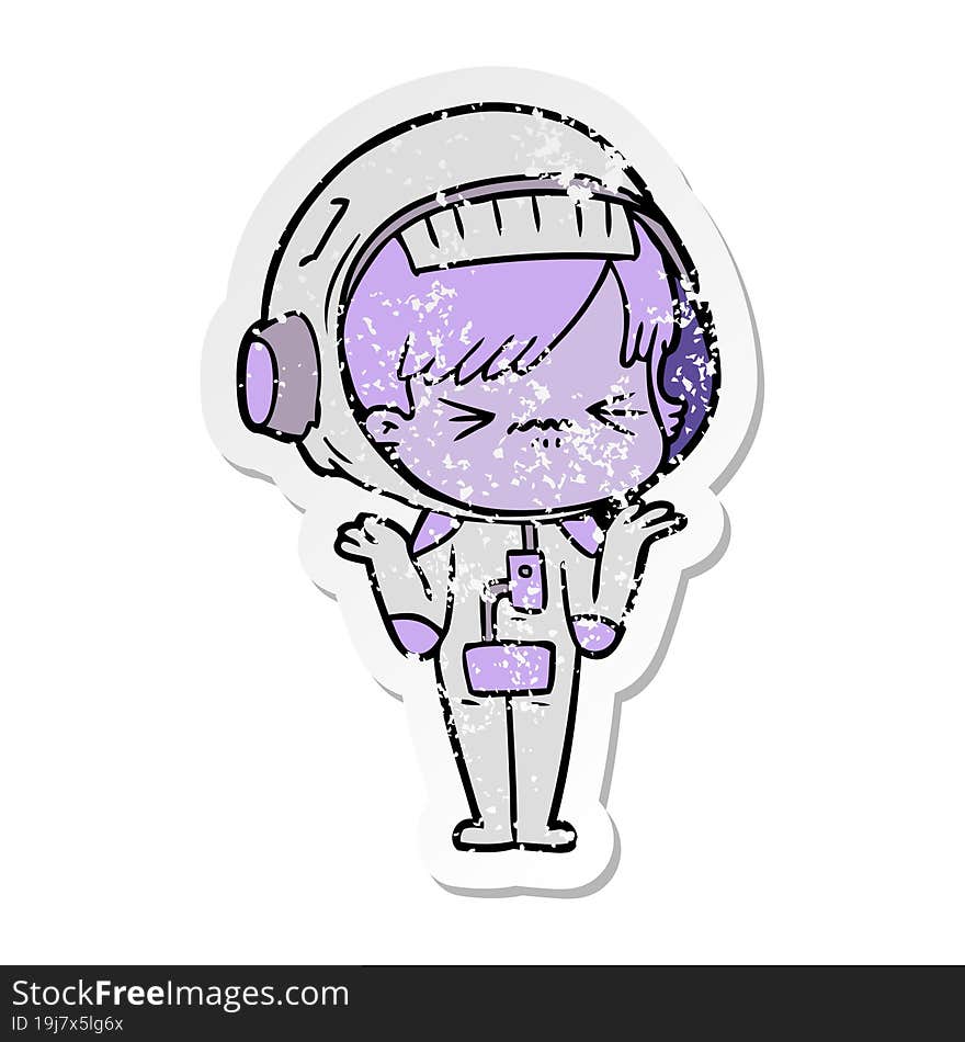 distressed sticker of a confused cartoon space girl