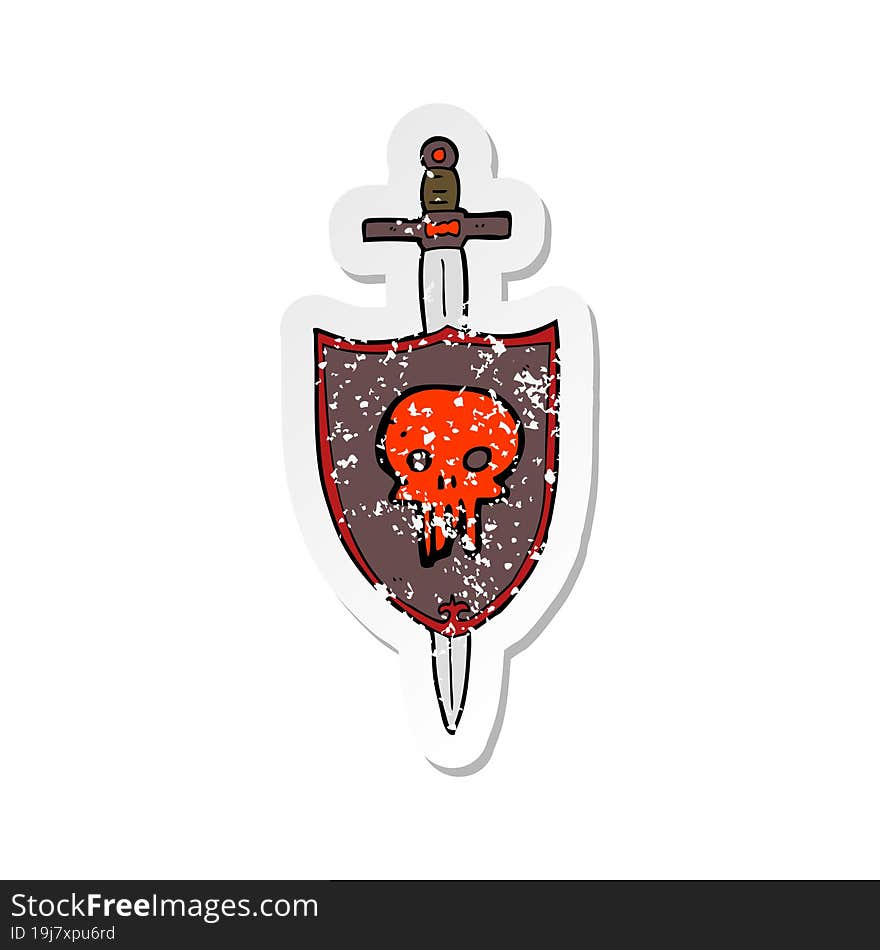 retro distressed sticker of a cartoon heraldic shield with skull