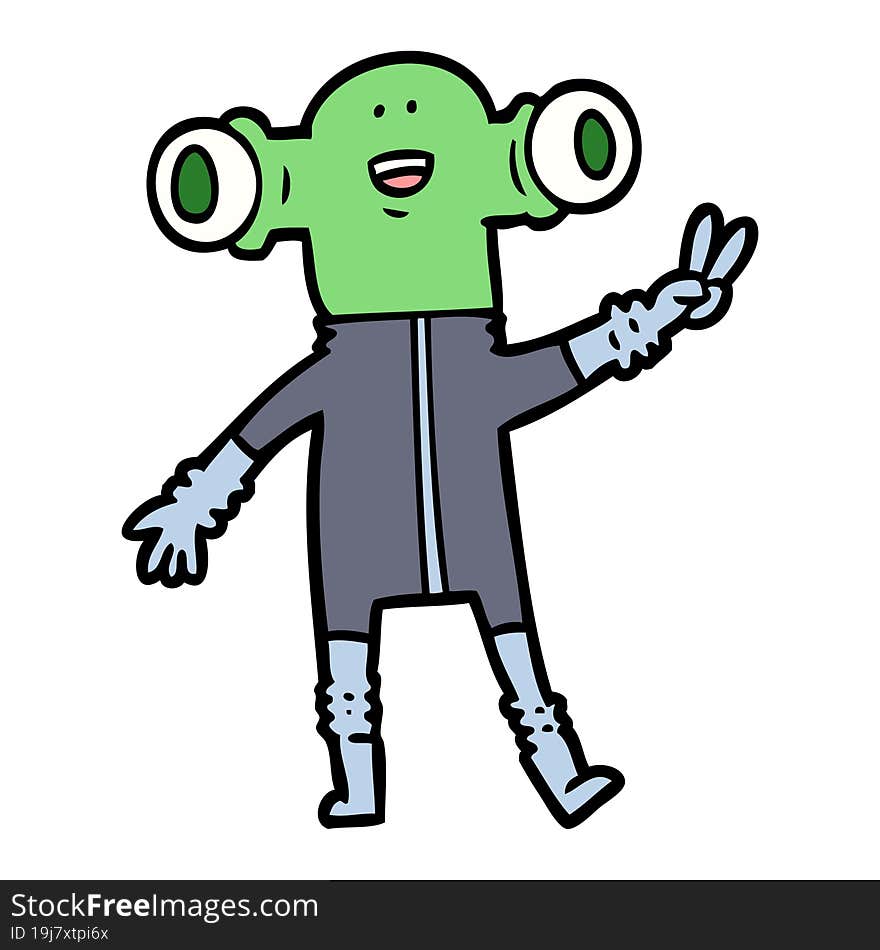 friendly cartoon alien giving peace sign. friendly cartoon alien giving peace sign