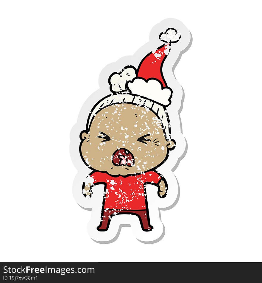 Distressed Sticker Cartoon Of A Angry Old Woman Wearing Santa Hat