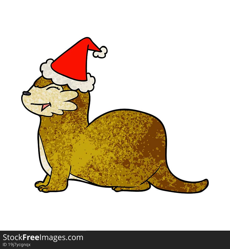 laughing otter hand drawn textured cartoon of a wearing santa hat. laughing otter hand drawn textured cartoon of a wearing santa hat