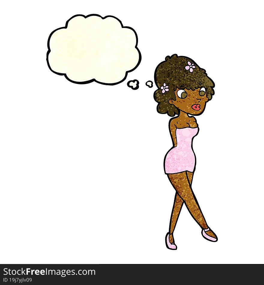 cartoon woman posing in dress with thought bubble