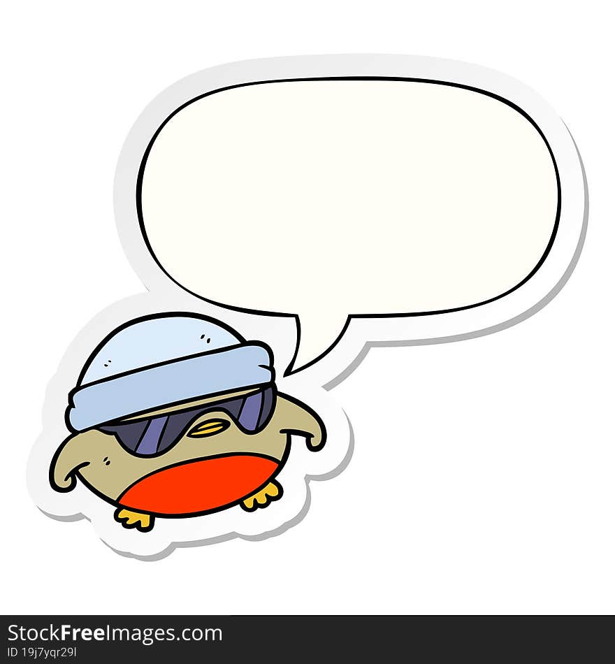 cool christmas robin cartoon and sunglasses and speech bubble sticker