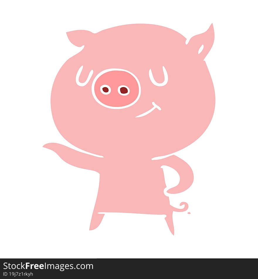 happy flat color style cartoon pig