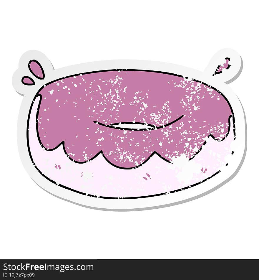 distressed sticker of a quirky hand drawn cartoon iced donut