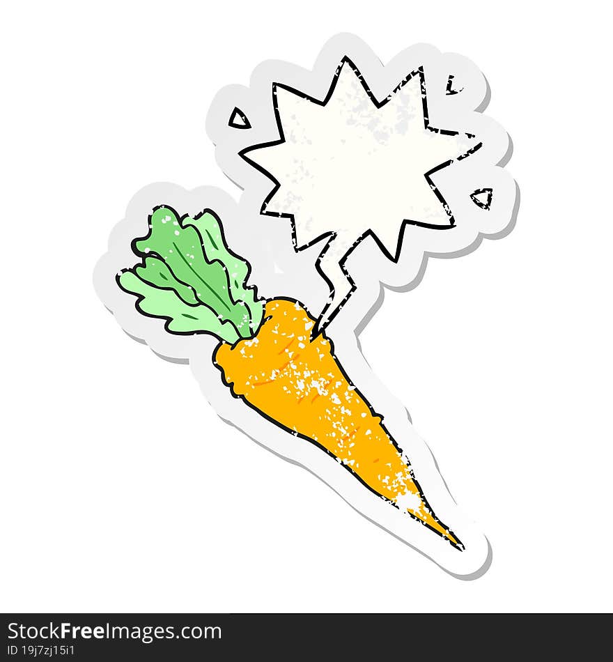 cartoon carrot with speech bubble distressed distressed old sticker. cartoon carrot with speech bubble distressed distressed old sticker