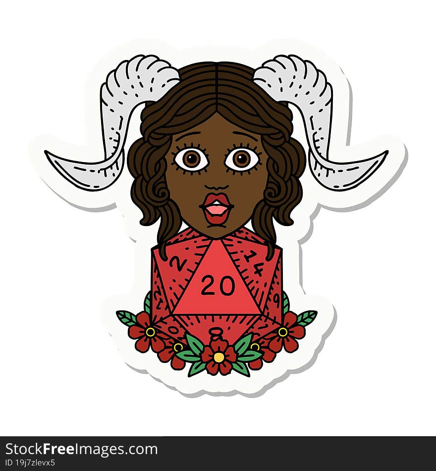 sticker of a tiefling with D20 natural twenty dice roll. sticker of a tiefling with D20 natural twenty dice roll