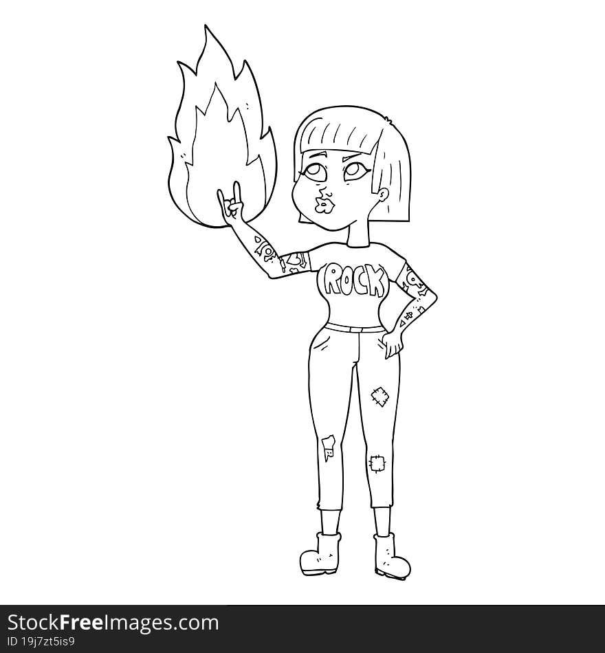 freehand drawn black and white cartoon rock girl