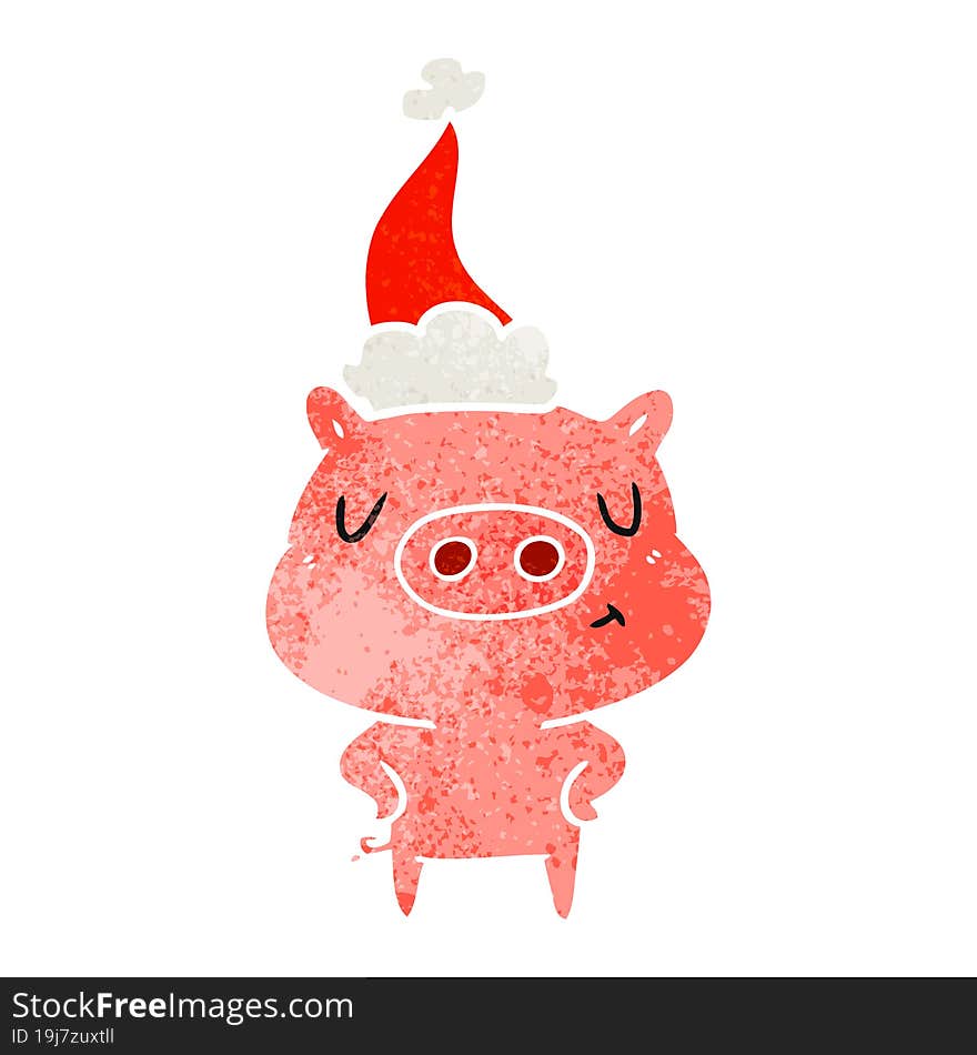 hand drawn retro cartoon of a content pig wearing santa hat