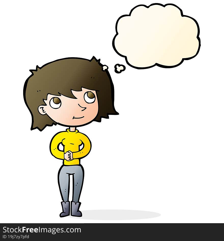 cartoon friendly woman with thought bubble