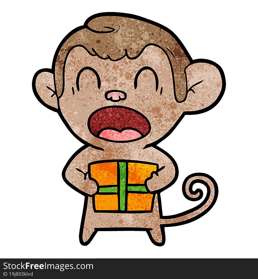 shouting cartoon monkey carrying christmas gift. shouting cartoon monkey carrying christmas gift