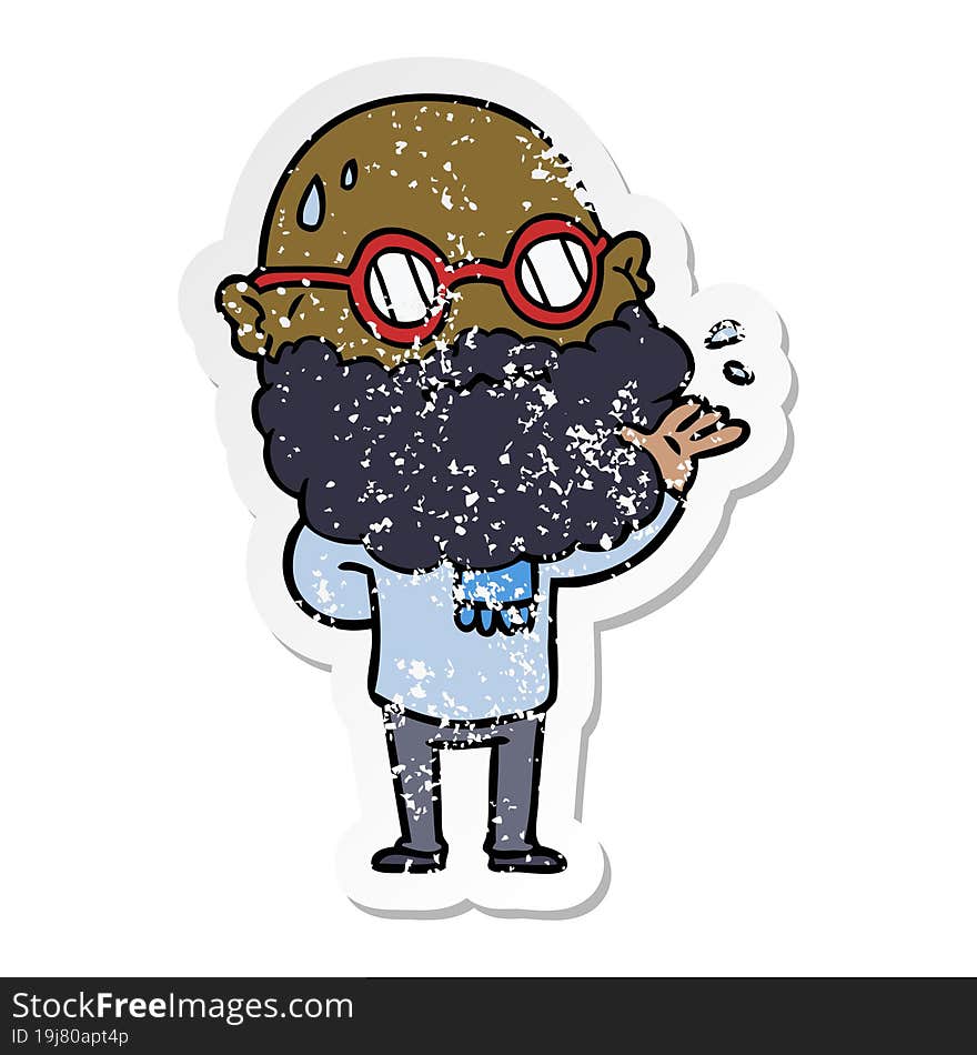 distressed sticker of a cartoon worried man with beard and spectacles