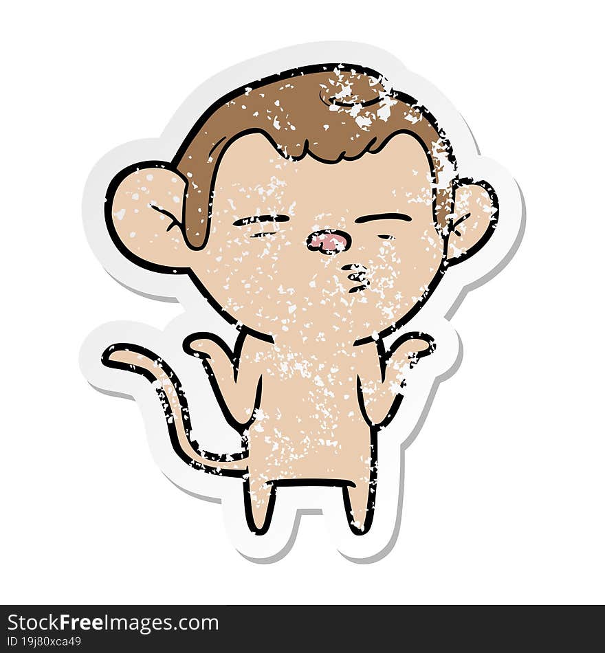 distressed sticker of a cartoon suspicious monkey