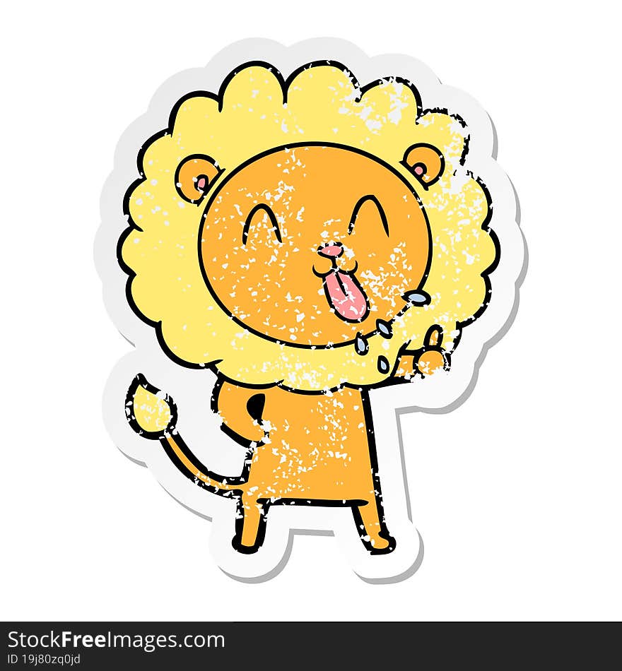 distressed sticker of a happy cartoon lion