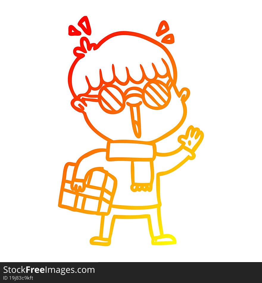 warm gradient line drawing cartoon boy with parcel waving