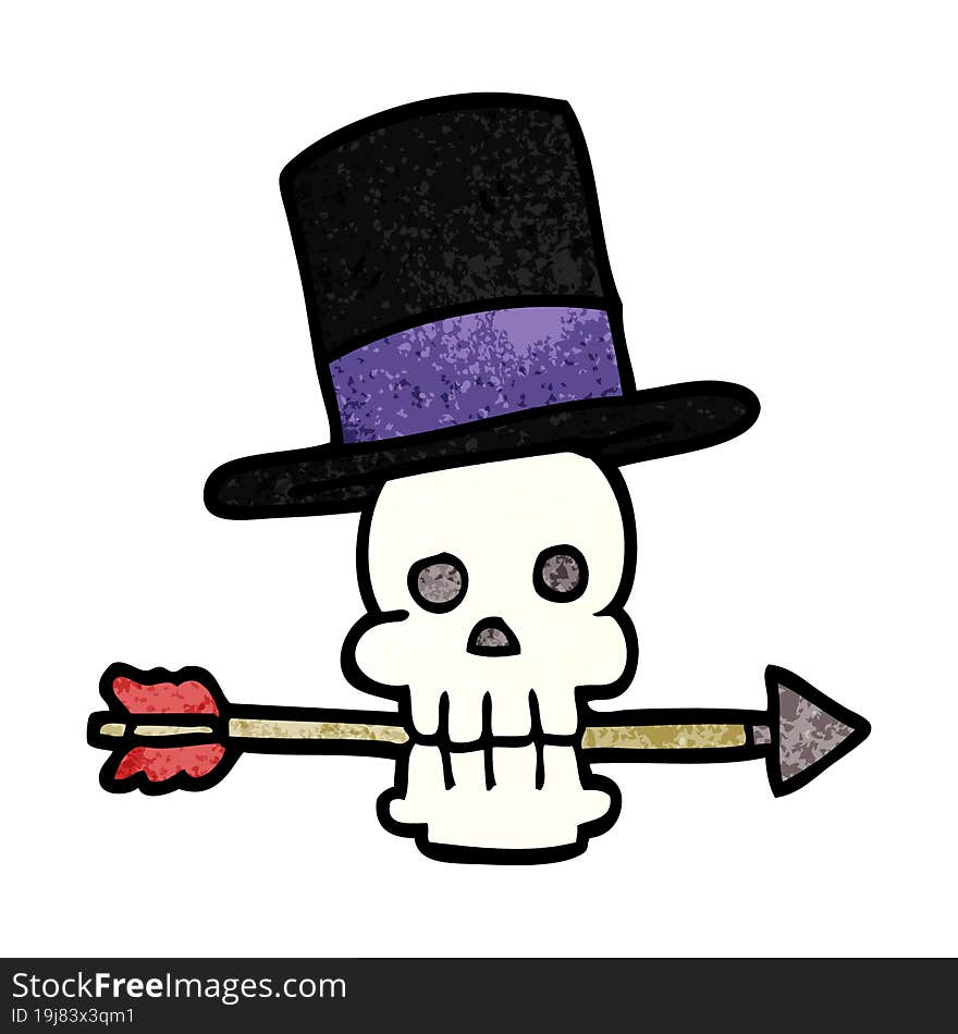 cartoon doodle skull with top hat and arrow