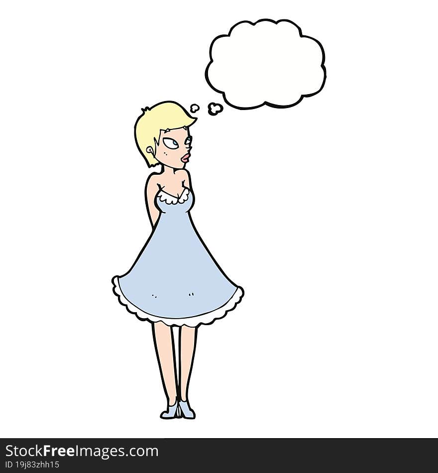 cartoon pretty woman in dress with thought bubble