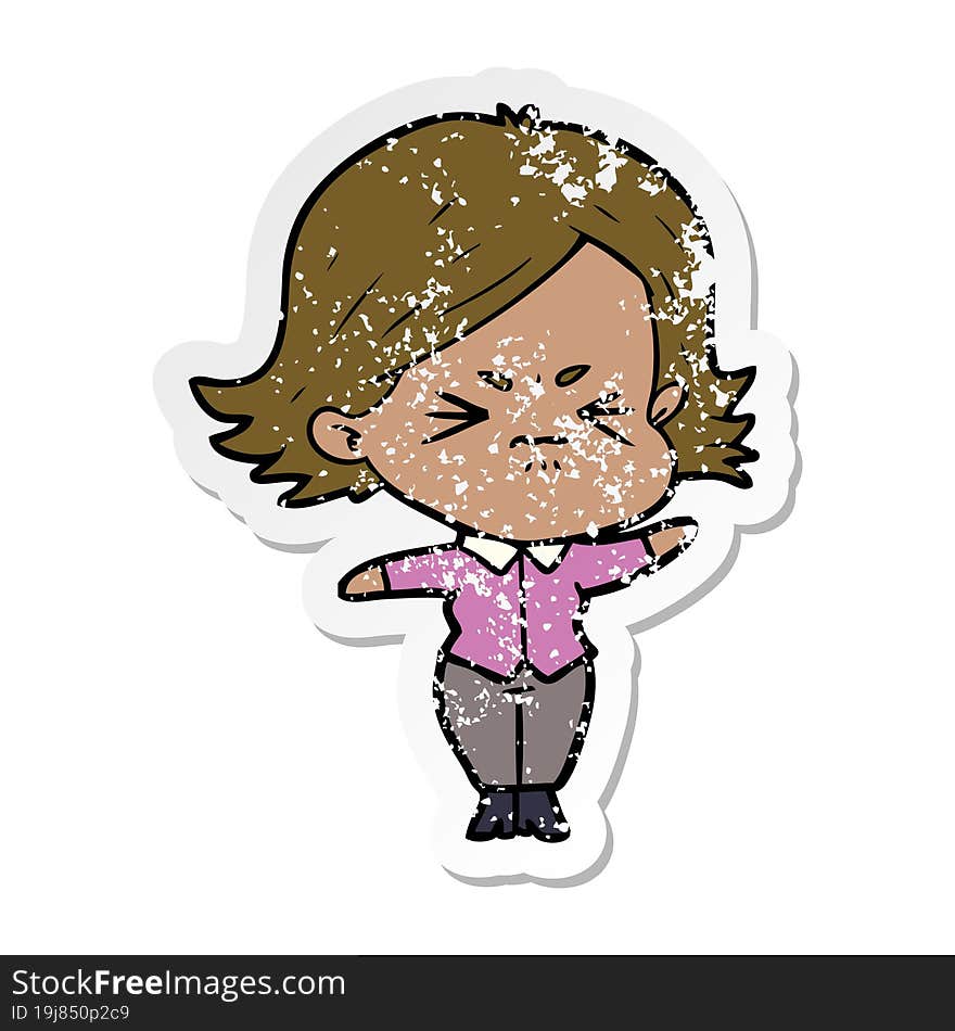 distressed sticker of a cartoon angry girl