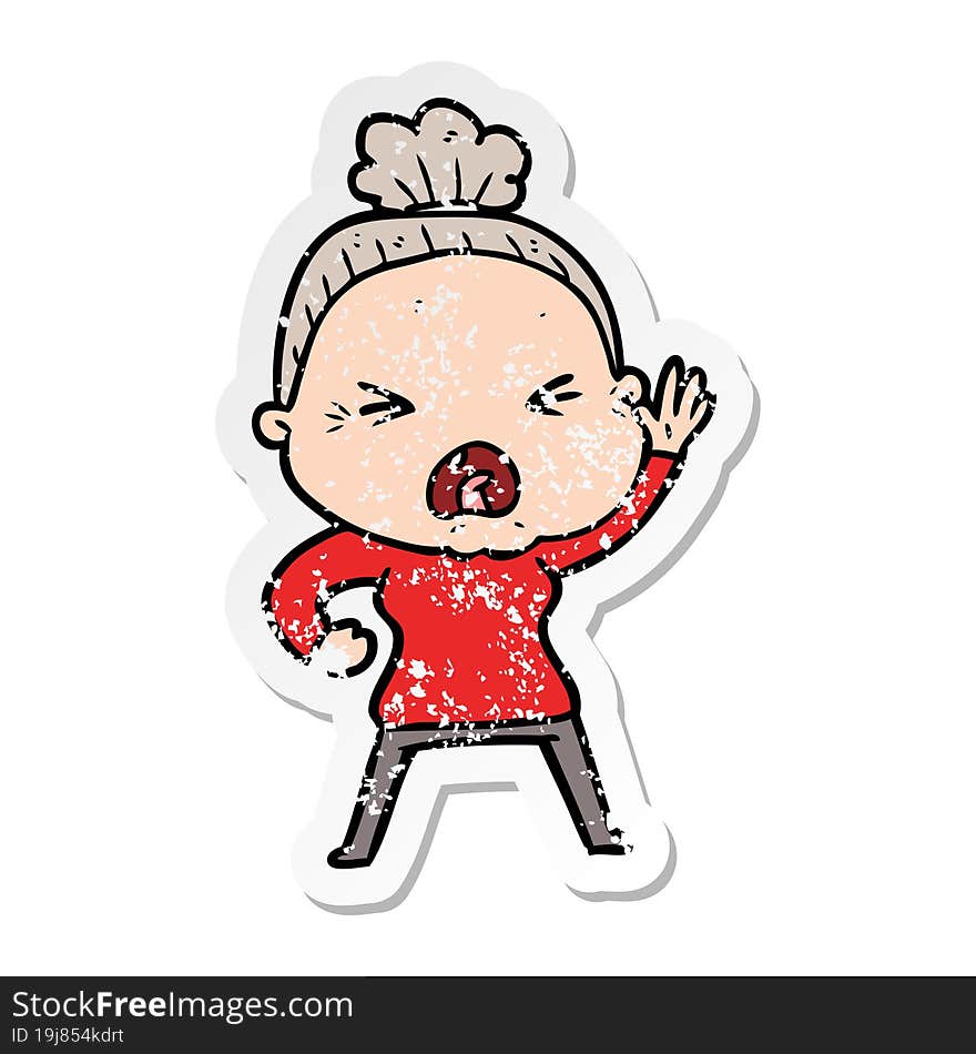 distressed sticker of a cartoon angry old woman