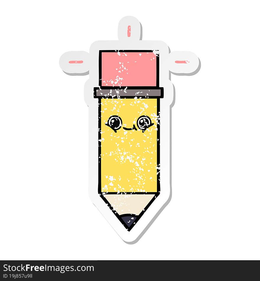 distressed sticker of a cute cartoon pencil