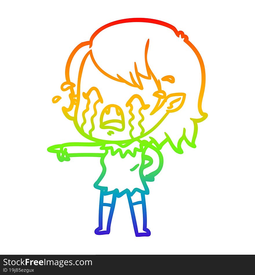 rainbow gradient line drawing cartoon crying vampire girl