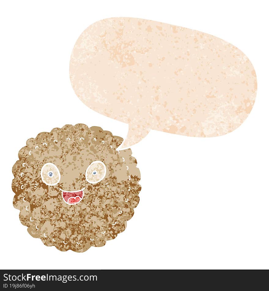 cartoon biscuit and speech bubble in retro textured style