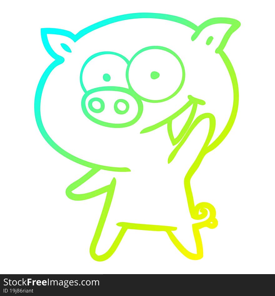 cold gradient line drawing of a cheerful pig cartoon