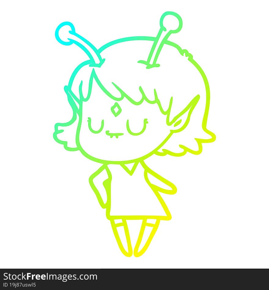 cold gradient line drawing of a cartoon alien girl