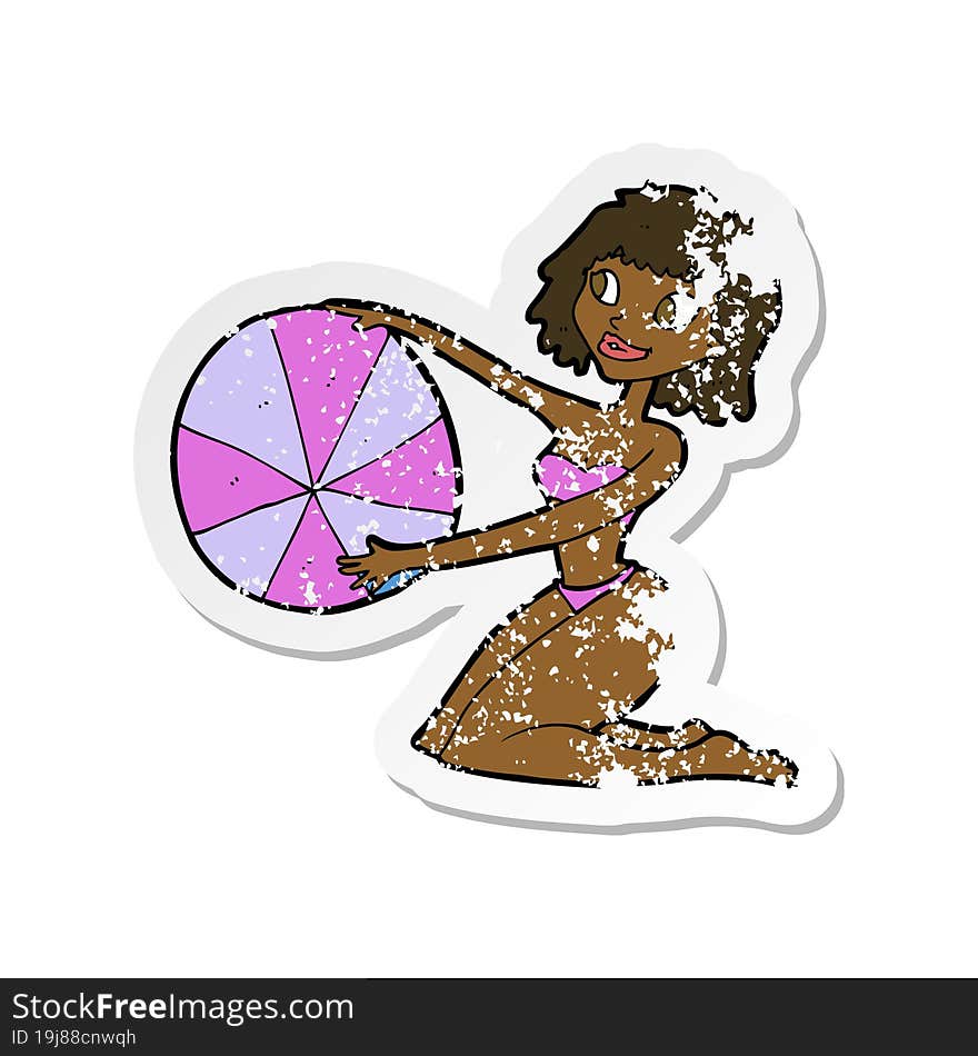 retro distressed sticker of a cartoon bikini girl with beach ball