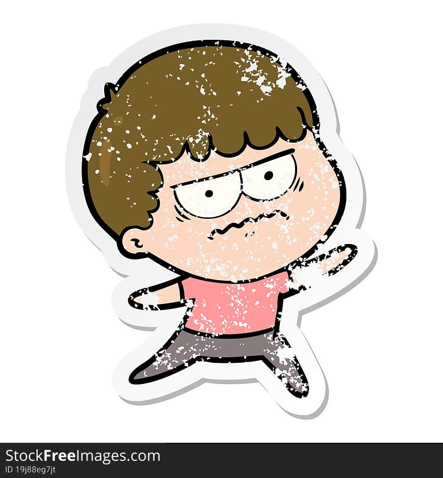 distressed sticker of a cartoon annoyed man